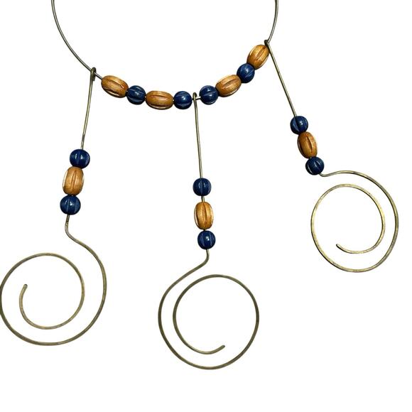 Vintage 1960’s MCM Modernist Choker Necklace Metal w/ Wooden Beads - Picture 2 of 5
